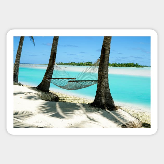 Empty hammock between two tropical palm trees in Cook Islands. Sticker by brians101